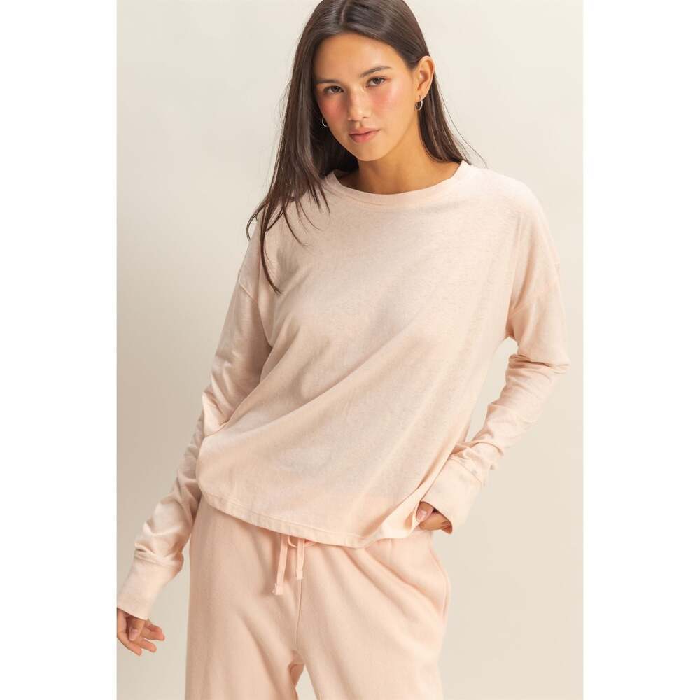 Blush Pink Cotton Rayon Blend Crew Neck Long Sleeve Oversized Tee